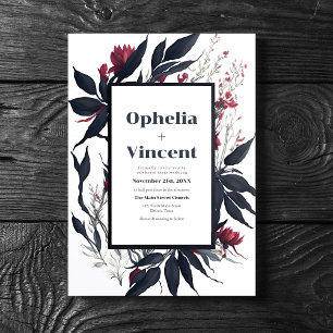 Slate Blue Burgundy Blushing Bride Floral Wedding Invitation