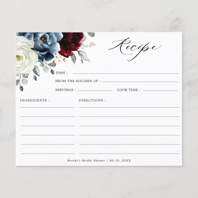 Slate Blue Burgundy  Ivory  Bridal Shower Recipe   (Front)