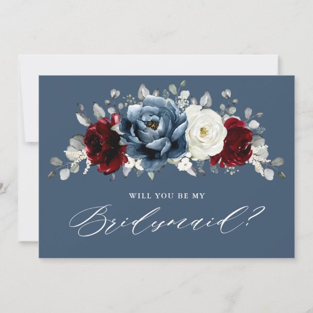 Slate Blue Burgundy Ivory Bridesmaids Proposal     Invitation (Front)