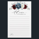 Slate Blue Burgundy White Bridal Shower Advice<br><div class="desc">Slate,  Burgundy,  White ivory themed floral bridal shower advice card featuring elegant bouquet of burgundy,  slate,  dusty blue,  ivory roses and peony flowers and dusty green eucalyptus leaves. Please contact me for any help in customisation or if you need any other product</div>