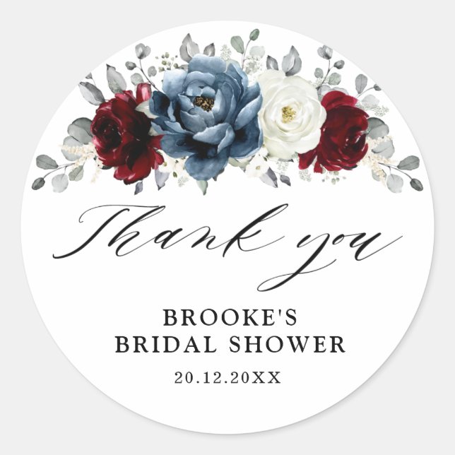 Slate Blue Burgundy White Bridal Shower Thank you Classic Round Sticker (Front)