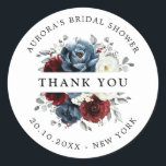 Slate Blue Burgundy White  Bridal Shower Thank you Classic Round Sticker<br><div class="desc">Slate,  Burgundy,  White ivory themed floral bridal shower thank you sticker featuring elegant bouquet of burgundy,  slate,  dusty blue,  ivory roses and peony flowers and dusty green eucalyptus leaves. Please contact me for any help in customisation or if you need any other product</div>