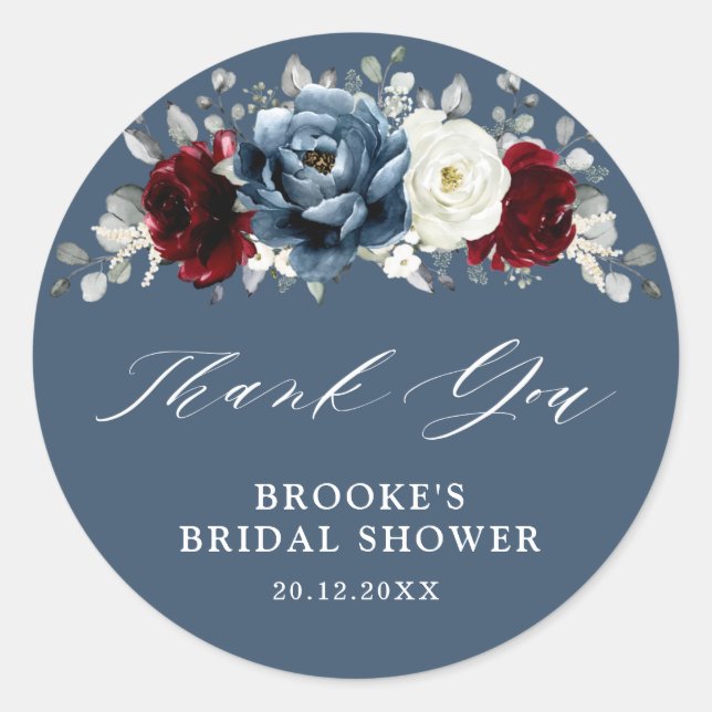 Slate Blue Burgundy White Bridal Shower Thank you  Classic Round Sticker (Front)