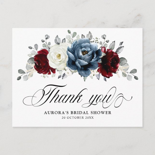 Slate Blue Burgundy White Bridal Shower Thank You Postcard (Front)