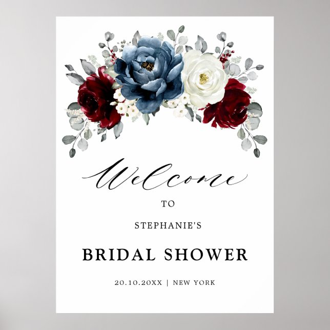Slate Blue Burgundy White Bridal Shower Welcome Poster (Front)