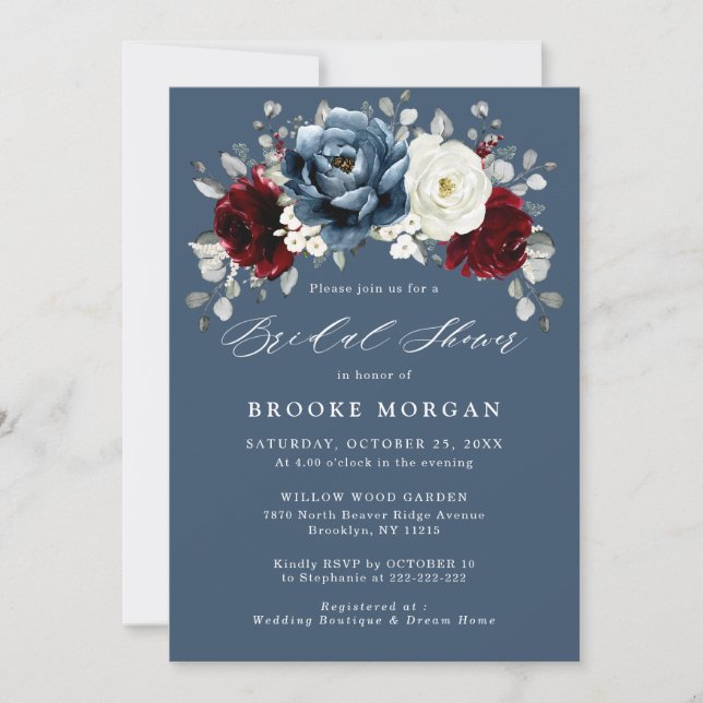 Slate Blue Burgundy White Ivory Boho Bridal Shower Invitation (Front)
