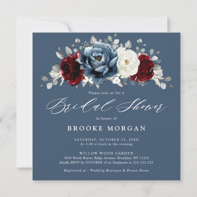 Slate Blue Burgundy White Ivory Boho Bridal Shower Invitation (Front)