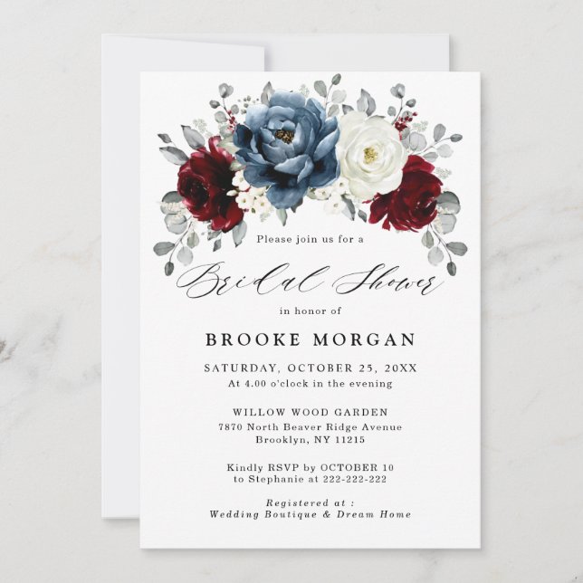 Slate Blue Burgundy White Ivory Boho Bridal Shower Invitation (Front)