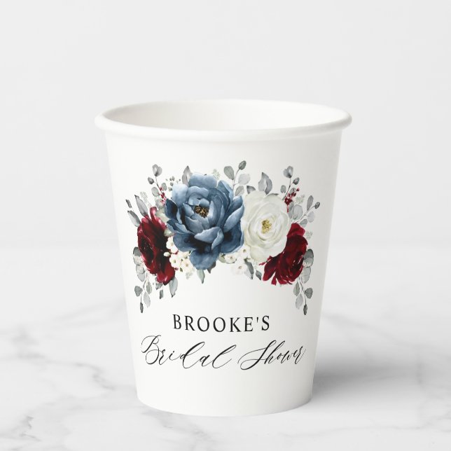Slate Blue Burgundy White Ivory Boho Bridal Shower Paper Cups (Front)
