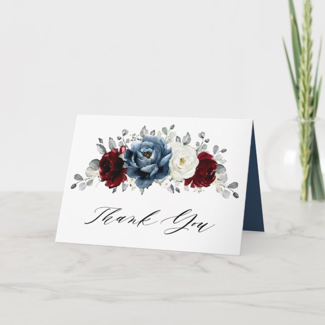 Slate Blue Burgundy White Ivory Boho Bridal Shower Thank You Card (Front)