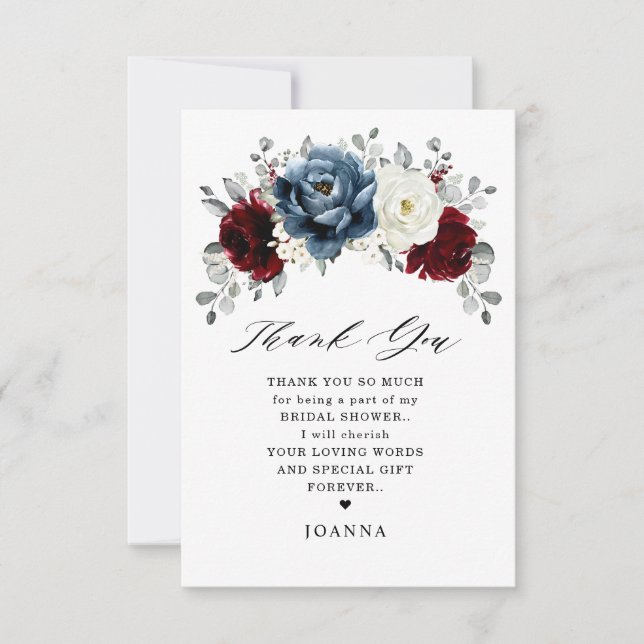 Slate Blue Burgundy White Ivory Boho Bridal Shower Thank You Card (Front)