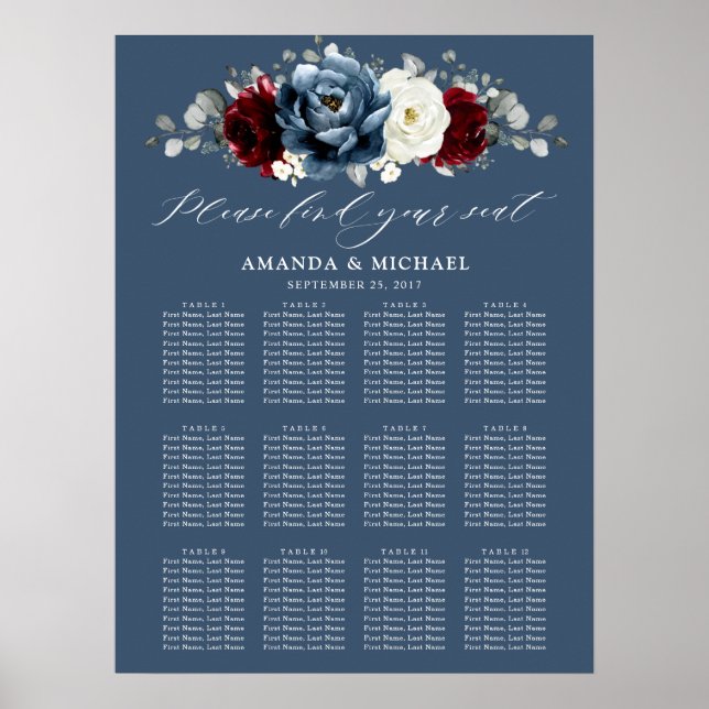 Slate Blue Burgundy White Ivory Boho Seating Chart (Front)