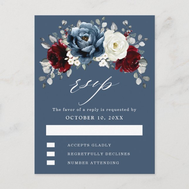 Slate Blue Burgundy White Ivory Boho Wedding RSVP  Postcard (Front)