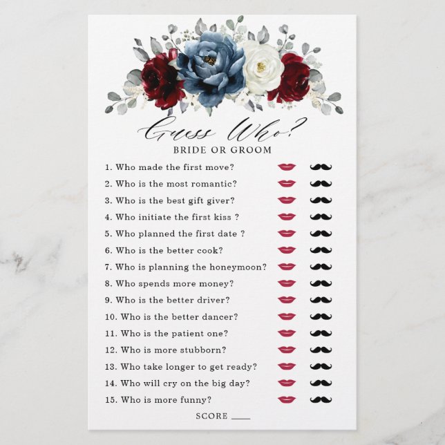 Slate Blue Burgundy White Ivory Bridal Shower Game (Front)