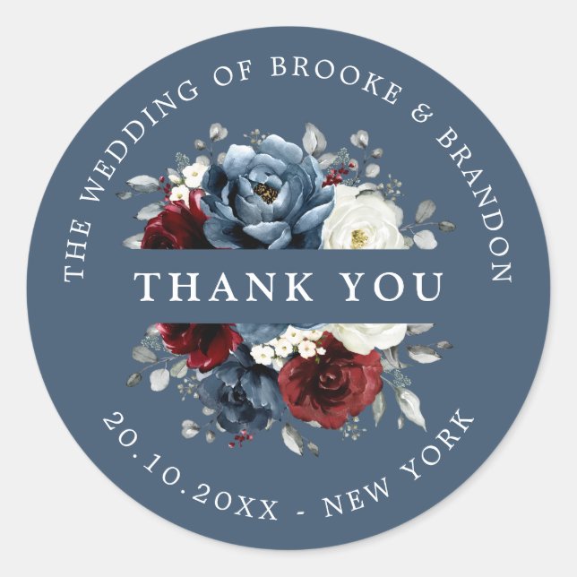 Slate Blue Burgundy White Ivory Floral Thank you C Classic Round Sticker (Front)