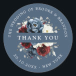 Slate Blue Burgundy White Ivory Floral Thank you C Classic Round Sticker<br><div class="desc">Slate,  Burgundy,  White ivory themed floral wedding thank you sticker featuring elegant bouquet of burgundy,  slate,  dusty blue,  ivory roses and peony flowers and dusty green eucalyptus leaves. Please contact me for any help in customisation or if you need any other product</div>