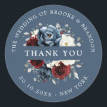 Slate Blue Burgundy White Ivory Floral Thank you C Classic Round Sticker<br><div class="desc">Slate,  Burgundy,  White ivory themed floral wedding thank you sticker featuring elegant bouquet of burgundy,  slate,  dusty blue,  ivory roses and peony flowers and dusty green eucalyptus leaves. Please contact me for any help in customisation or if you need any other product</div>