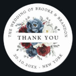Slate Blue Burgundy White Ivory Floral Thank you Classic Round Sticker<br><div class="desc">Slate,  Burgundy,  White ivory themed floral wedding thank you sticker featuring elegant bouquet of burgundy,  slate,  dusty blue,  ivory roses and peony flowers and dusty green eucalyptus leaves. Please contact me for any help in customisation or if you need any other product</div>