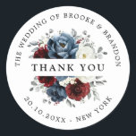 Slate Blue Burgundy White Ivory Floral Thank you Classic Round Sticker<br><div class="desc">Slate,  Burgundy,  White ivory themed floral wedding thank you sticker featuring elegant bouquet of burgundy,  slate,  dusty blue,  ivory roses and peony flowers and dusty green eucalyptus leaves. Please contact me for any help in customisation or if you need any other product</div>