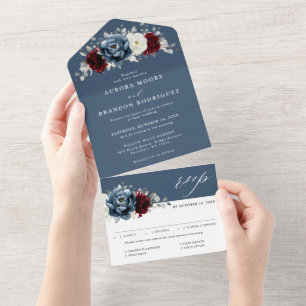 Slate Blue Burgundy White Ivory Floral Wedding  Al All In One Invitation