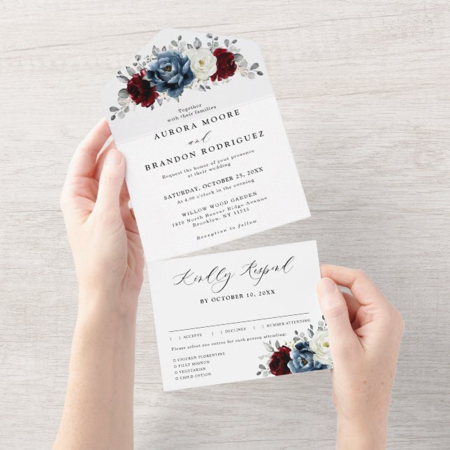 Slate Blue Burgundy White Ivory Floral Wedding  All In One Invitation (Tearaway)