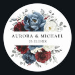 Slate Blue Burgundy White Ivory Floral Wedding  Classic Round Sticker<br><div class="desc">Slate,  Burgundy,  White ivory themed floral wedding envelope seal sticker featuring elegant bouquet of burgundy,  slate,  dusty blue,  ivory roses and peony flowers and dusty green eucalyptus leaves. Please contact me for any help in customisation or if you need any other product</div>