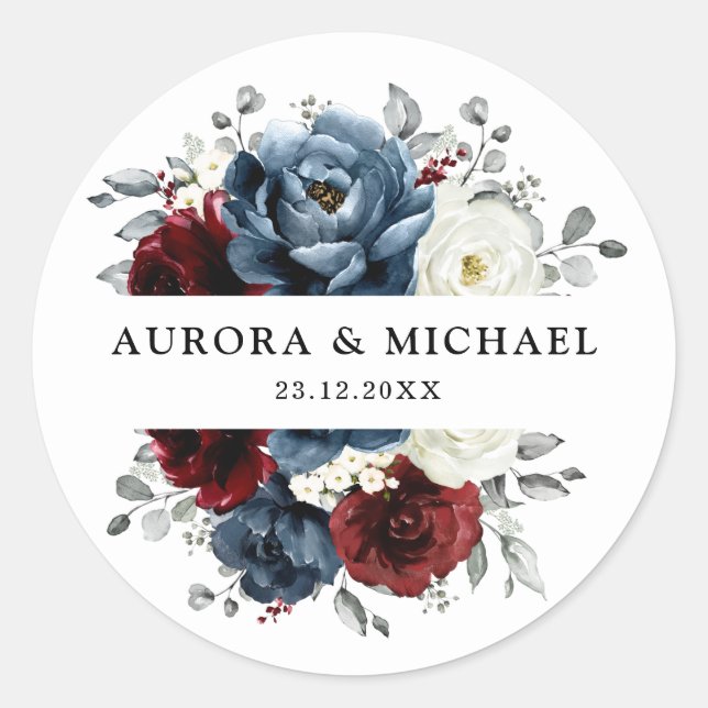 Slate Blue Burgundy White Ivory Floral Wedding  Classic Round Sticker (Front)