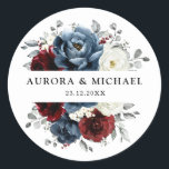 Slate Blue Burgundy White Ivory Floral Wedding  Classic Round Sticker<br><div class="desc">Slate,  Burgundy,  White ivory themed floral wedding envelope seal sticker featuring elegant bouquet of burgundy,  slate,  dusty blue,  ivory roses and peony flowers and dusty green eucalyptus leaves. Please contact me for any help in customisation or if you need any other product</div>