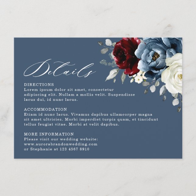Slate Blue Burgundy White Ivory Floral Wedding  En Enclosure Card (Front)