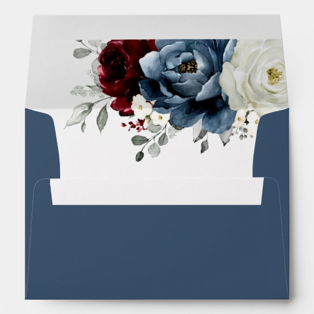 Slate Blue Burgundy White Ivory Floral Wedding  Envelope (Back (Bottom))