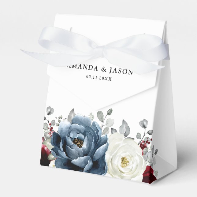Slate Blue Burgundy White Ivory Floral Wedding  Favour Box (Front Side)
