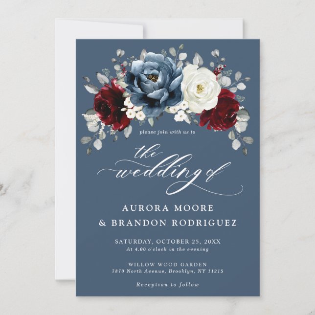 Slate Blue Burgundy White Ivory Floral Wedding  In Invitation (Front)