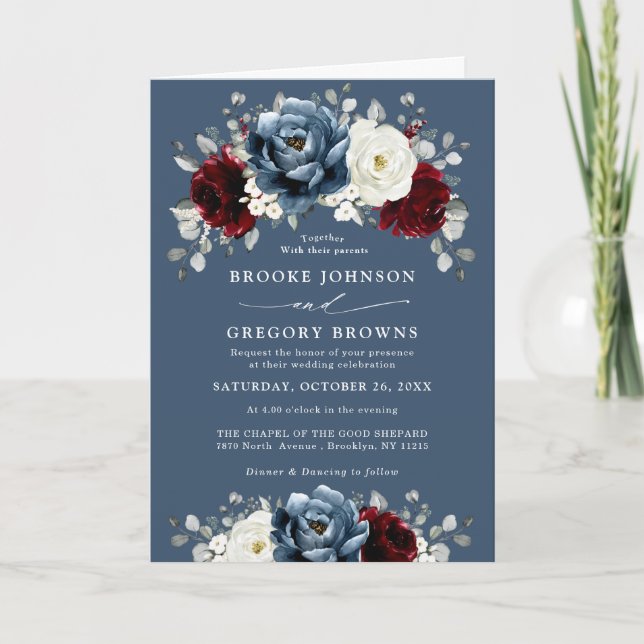 Slate Blue Burgundy White Ivory Floral Wedding  In Invitation (Front)