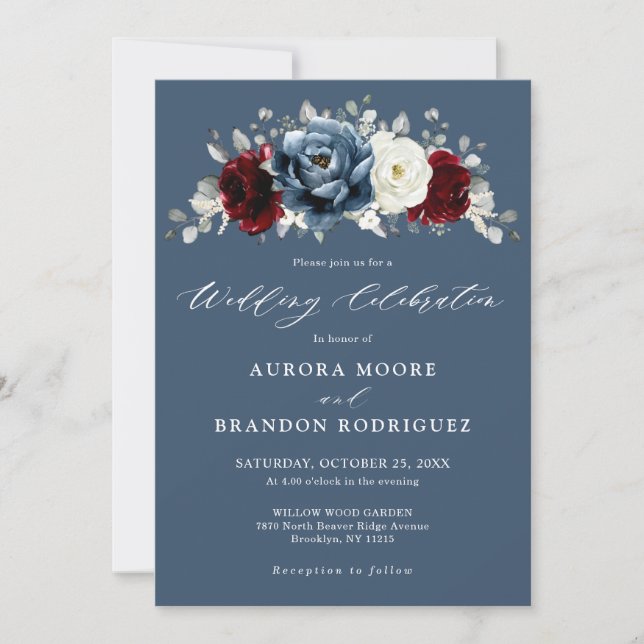 Slate Blue Burgundy White Ivory Floral Wedding  In Invitation (Front)