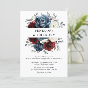 Slate Blue Burgundy White Ivory Floral Wedding  Invitation