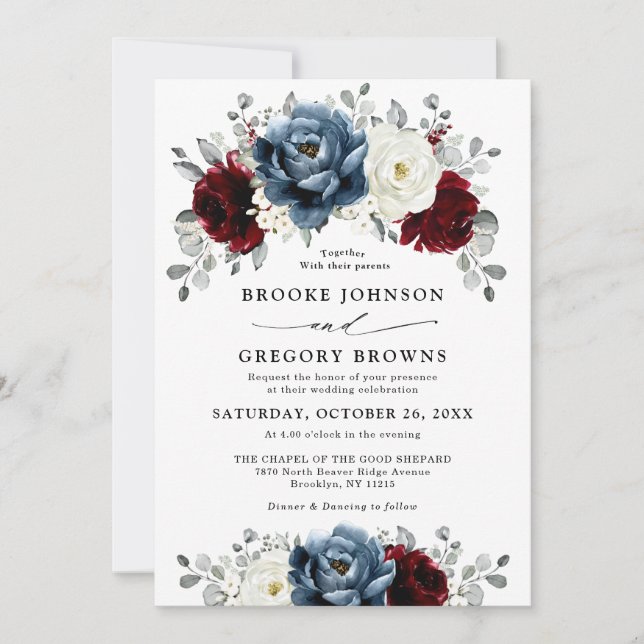 Slate Blue Burgundy White Ivory Floral Wedding  Invitation (Front)