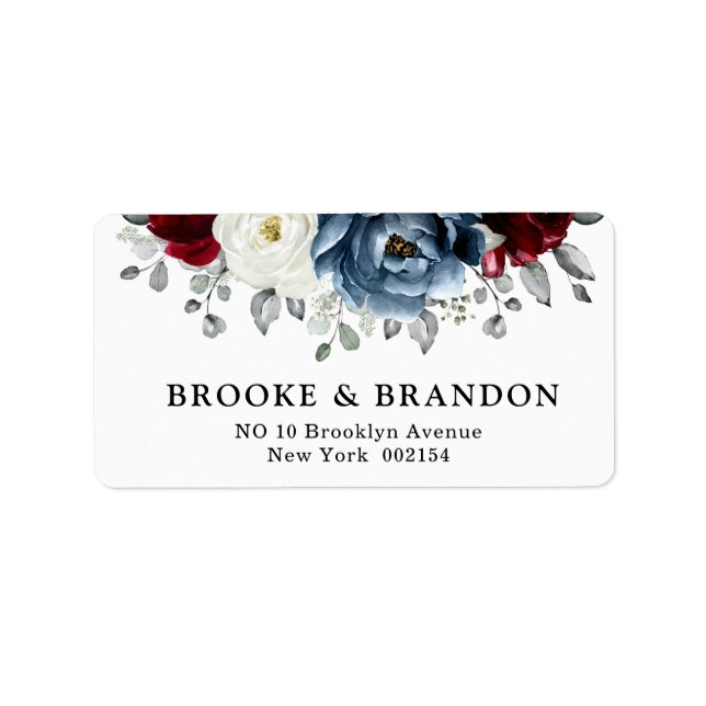 Slate Blue Burgundy White Ivory Floral Wedding  Label (Front)