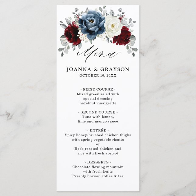 Slate Blue Burgundy White Ivory Floral Wedding  Me Menu (Front)