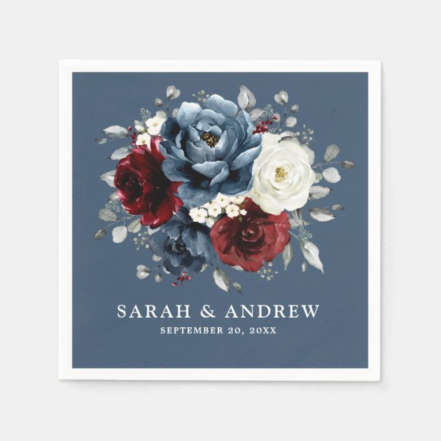 Slate Blue Burgundy White Ivory Floral Wedding  Na Napkin (Front)