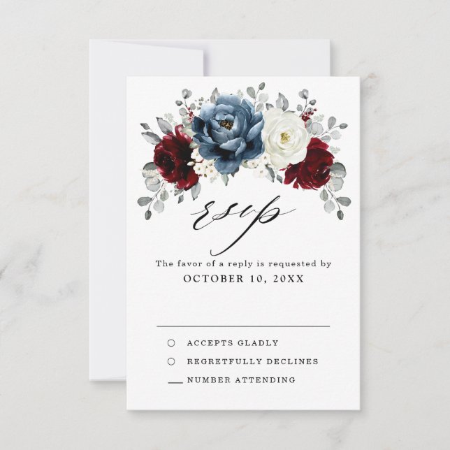 Slate Blue Burgundy White Ivory Floral Wedding  RSVP Card (Front)