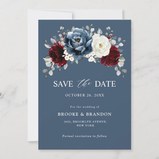 Slate Blue Burgundy White Ivory Floral Wedding  Sa Save The Date (Front)