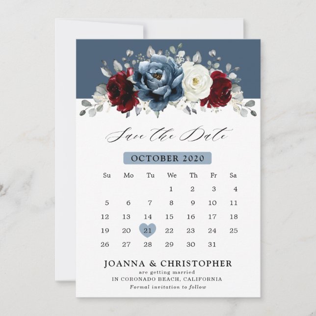 Slate Blue Burgundy White Ivory Floral Wedding  Sa Save The Date (Front)