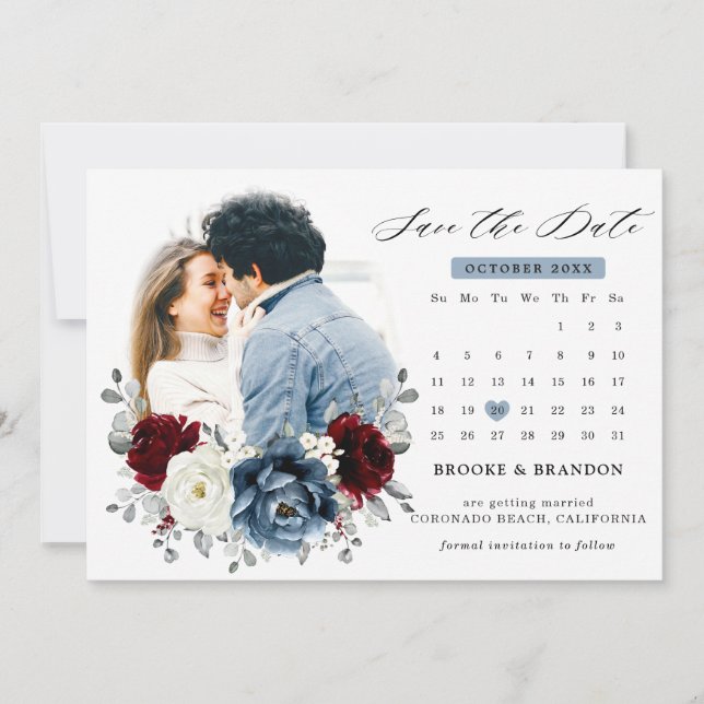 Slate Blue Burgundy White Ivory Floral Wedding  Save The Date (Front)