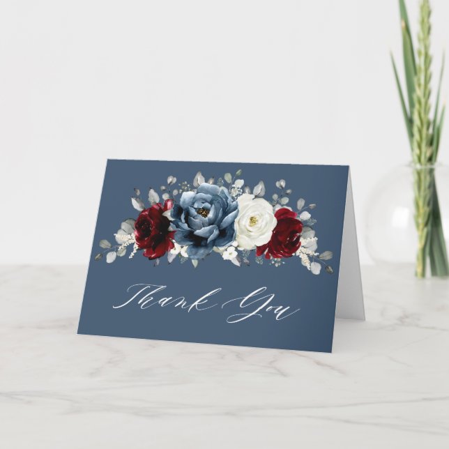 Slate Blue Burgundy White Ivory Floral Wedding  Th Thank You Card (Front)