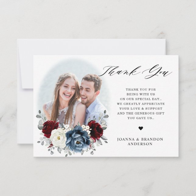 Slate Blue Burgundy White Ivory Floral Wedding  Thank You Card (Front)