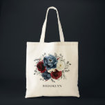 Slate Blue Burgundy White Ivory Floral Wedding  Tote Bag<br><div class="desc">Slate,  Burgundy,  White ivory themed floral bridesmaid gift tote bag featuring elegant bouquet of burgundy,  slate,  dusty blue,  ivory roses and peony flowers and dusty green eucalyptus leaves. Please contact me for any help in customisation or if you need any other product</div>