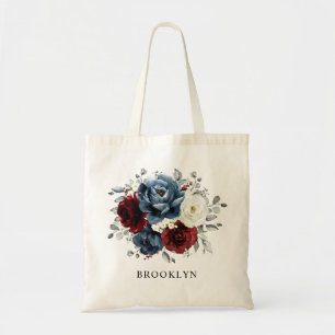 Slate Blue Burgundy White Ivory Floral Wedding  Tote Bag