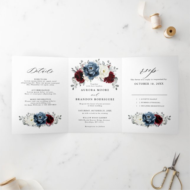 Slate Blue Burgundy White Ivory Floral Wedding  Tri-Fold Announcement (Inside)