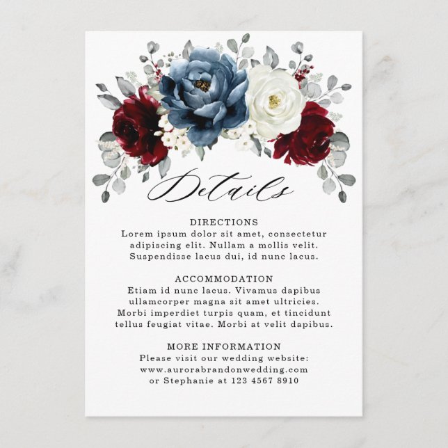 Slate Blue Burgundy White Ivory  Wedding  Details Enclosure Card (Front)