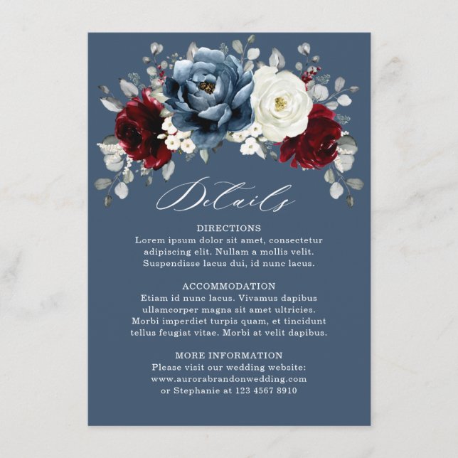 Slate Blue Burgundy White Ivory  Wedding  Details  Enclosure Card (Front)